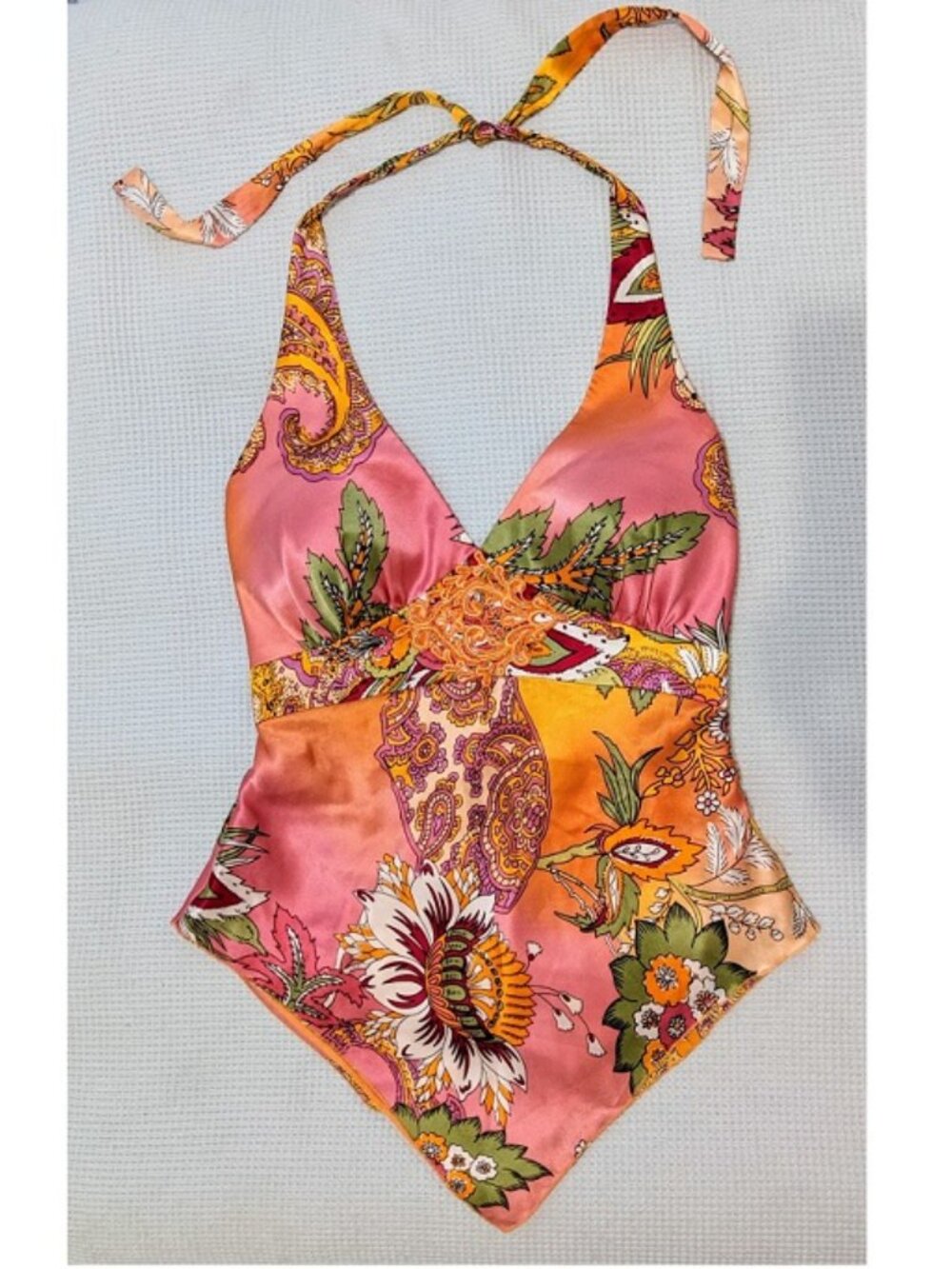 Cache Vintage Silk Halter Top Pink Orange floral beaded medallion Tropical glam - Picture 2 of 8